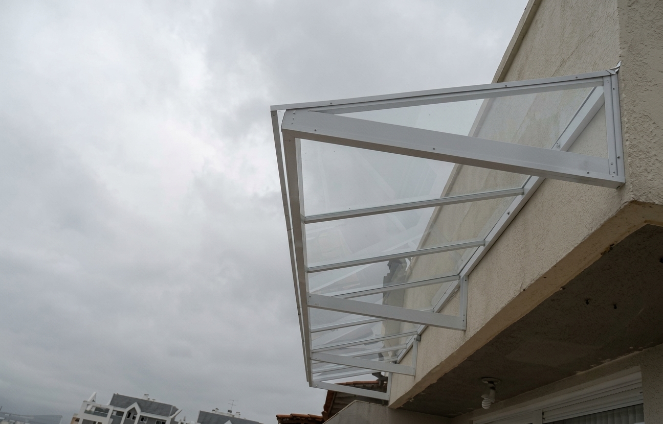 Cobertura Fixo Inclinada em Policarbonato Vidro com Estrutura de Alumínio Branco